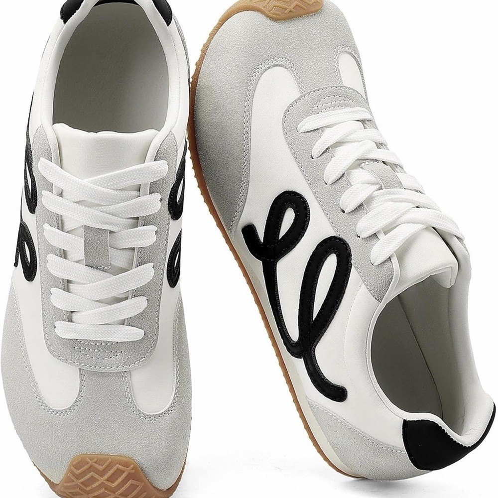 White and Gray Women's Casual Sneakers with Black Accent